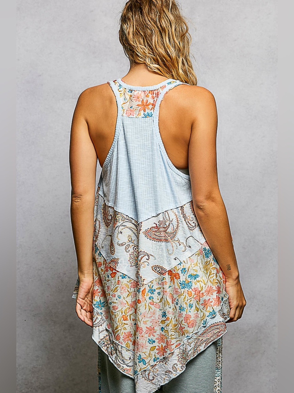 #311 POL Light Blue Floral Paisley Patchwork Tank - Picture 2 of 2